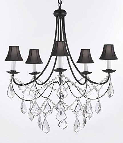 Empress Crystal (Tm) Wrought Iron Chandelier Lighting H.22.5" X W.26" With Shades Swag Plug In-Chandelier W/ 14' Feet Of Hanging Chain And Wire - J10-B16/Sc/Blackshades/B12/26031/5