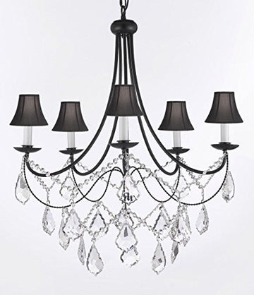 Empress Crystal (Tm) Wrought Iron Chandelier Lighting H.22.5" X W.26" With Shades - J10-Sc/Blackshades/B12/26031/5