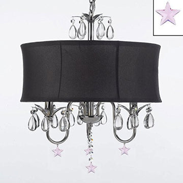 Crystal Chandelier With Large Black Shade And Pink Crystal Stars W18" H 22" - J10-B38/Black/26032/3
