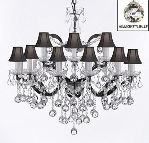 Nineteenth C. Baroque Iron & Empress Crystal(Tm) Chandelier Lighting With Black Shades H 28" X W 30" - G83-Blackshades/B6/995/18