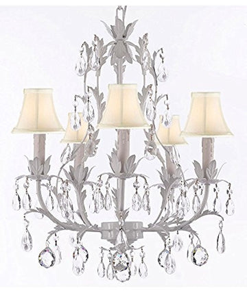 White Wrought Iron Floral Chandelier Lighting W/ Crystal Balls And Shades - J10-Sc/Whiteshade/B6/White/26016/5