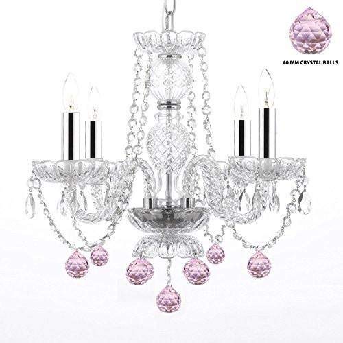 Chandelier Lighting W/Crystal Pink Balls W/Chrome Sleeves! H 17" W17" Swag Plug in-Chandelier W/ 14' Feet of Hanging Chain and Wire! - Perfect for Kid's and Girls BEDROOMS! - J10-B43/B15/B76/26098/4