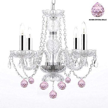 Chandelier Lighting W/Crystal Pink Balls W/Chrome Sleeves! H 17" W17" Swag Plug in-Chandelier W/ 14' Feet of Hanging Chain and Wire! - Perfect for Kid's and Girls BEDROOMS! - J10-B43/B15/B76/26098/4