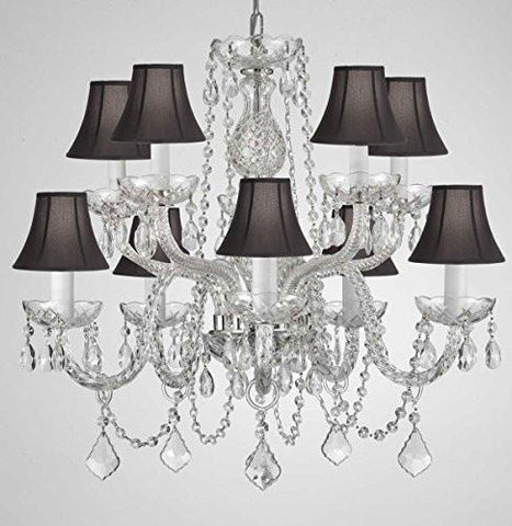 Swarovski Crystal Trimmed Chandelier Crystal Chandelier Lighting With Black Shades H 25" X W 24" Swag Plug In-Chandelier W/ 14' Feet Of Hanging Chain And Wire - G46-B15/Blackshades/Cs/1122/5+5 Sw