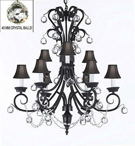 Foyer / Entryway Wrought Iron Empress Crystal (Tm) Chandelier 30" Inches Tall With Crystal Balls With Black Shades H 30" X W 26" - A84-Blackshades/B6/724/6+3