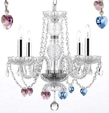 Authentic All Crystal Chandelier Chandeliers Lighting with Sapphire Blue and Pink Crystal Hearts! Perfect for Living Room, Dining Room, Kitchen, Kid's Bedroom W/Chrome Sleeves! H17" W17" - J10-B43/B85/B21/26098/4