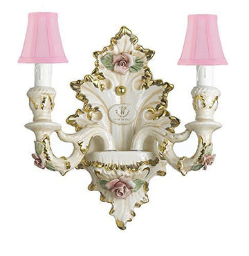 Authentic Capodimonte Porcelain Wall Sconce Lighting Cottage Chic Made in Italy With Shades, 24K Gold Trimmed w/ Roses & Flowers - GB102-WALLSCONCE/2/435/PINKSHADES