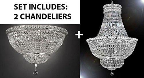 Set Of 2 - French Empire Crystal Chandelier Lighting H36" W30" + Flush Basket French Empire Crystal Chandelier Lighting H22" W30" - Good For The Dining Room Foyer Hallway Bedroom Kitchen - 1Ea-Silver/454/14+1Ea-Flush/Cs/454/14