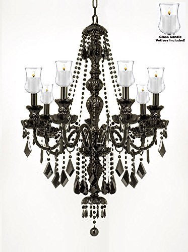 Crystal Chandelier W/ Candle Votives H30" W26" - For Indoor / Outdoor Use Great For Outdoor Events Hang From Trees / Gazebo / Pergola / Porch / Patio / Tent - J10-B31/Black/Sm/26073/7