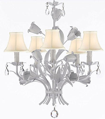 White Wrought Iron Floral Chandelier Empress Crystal(Tm) Flower Chandeliers Lighting H23" X W19" With Shades - J10-Sc/Whiteshades/B39/White/325/5
