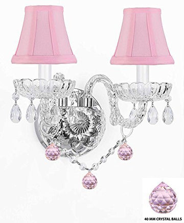 Swarovski Crystal Trimmed Chandelier Wall Sconce Lighting With Crystal Pink Balls - Perfect For Kids And Girls Bedrooms With Shades - G46-Pinkshades/B76/2/386Sw