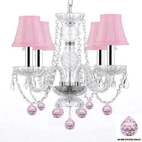 Swarovski Crystal Trimmed Chandelier Lighting W/Crystal Pink Shades & Balls w/Chrome Sleeves! - J10-B43/B15/B76/PINKSHADES/26098/4 SW