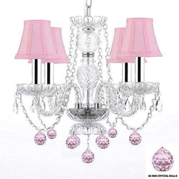 Swarovski Crystal Trimmed Chandelier Lighting W/Crystal Pink Shades & Balls w/Chrome Sleeves! - J10-B43/B15/B76/PINKSHADES/26098/4 SW