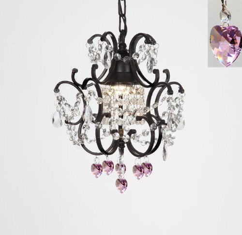 Wrought Iron Crystal Mini Chandelier W/ Pink Crystal Hearts H14" X W11" - J10-B21/26030/1