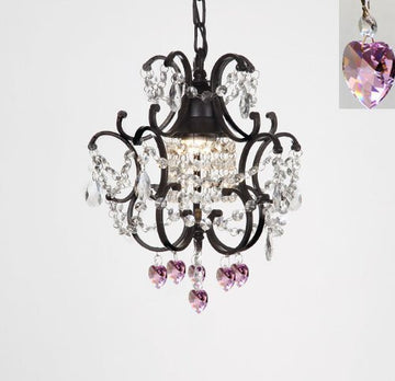 Wrought Iron Crystal Mini Chandelier W/ Pink Crystal Hearts H14" X W11" - J10-B21/26030/1
