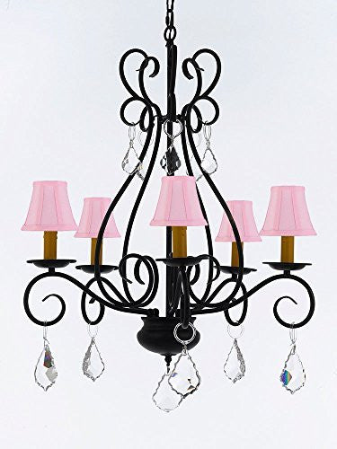 Wrought Iron Chandelier Crystal Lighting Empress Crystal (Tm) Chandeliers With Pink Shades H25.5" W25.5" - P7-B7/Sc/Pinkshades/441/5
