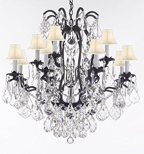 Wrought Iron Crystal Chandelier Lighting Dressed With Diamond Cut Crystal Good For Dining Room Foyer Entryway Family Room Bedroom Living Room And More H 30" W 28" 12 Lights - A500-B91/Whiteshades/3034/8+4Dc
