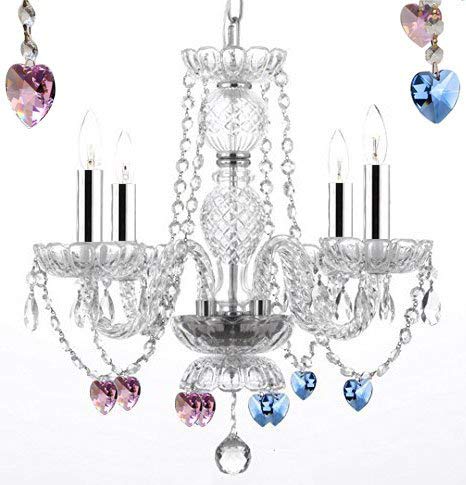 Chandelier Lighting W/Crystal Blue and Pink Hearts! H 17" W17" Swag Plug in-Chandelier W/ 14' Feet of Hanging Chain and Wire W/Chrome Sleeves! - Perfect for Kid's and Girls BEDROOMS! - J10-B43/B15/B85/B21/26098/4