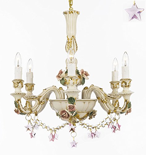 Authentic Capodimonte Porcelain Chandelier Lighting Chandeliers Cottage Chic Made in Italy, 24K Gold Trimmed w/ Roses & Flowers Dressed w/ Pink Stars Crystals - GB102-B52/B38/435/6