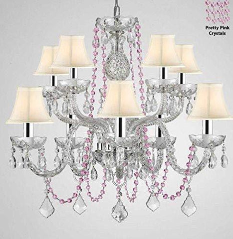 Authentic All Crystal Chandelier Chandeliers Lighting with Pretty Pink Crystals and White Shades! Perfect for Living Room, Dining Room, Kitchen, Kid'S Bedroom W/Chrome Sleeves! H25" W24" - G46-B43/B84/CS/WHITESHADES/1122/5+5