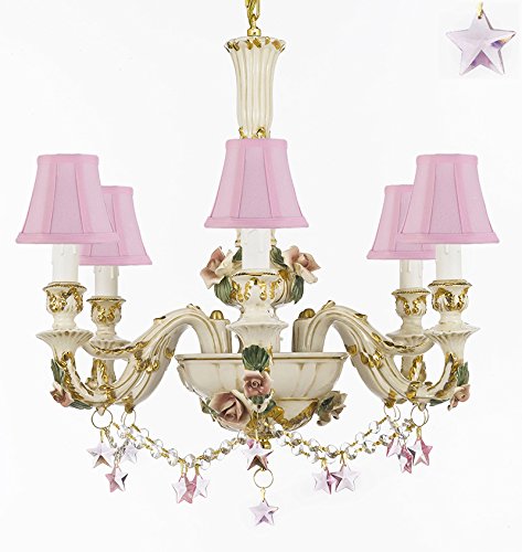 Authentic Capodimonte Porcelain Chandelier Lighting Chandeliers Cottage Chic Made in Italy, 24K Gold Trimmed w/ Roses & Flowers Dressed w/ Pink Stars Crystals With Pink Shades - GB102-SC/PINKSHADES/B52/B38/435/6