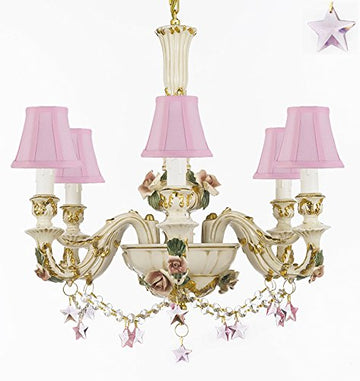 Authentic Capodimonte Porcelain Chandelier Lighting Chandeliers Cottage Chic Made in Italy, 24K Gold Trimmed w/ Roses & Flowers Dressed w/ Pink Stars Crystals With Pink Shades - GB102-SC/PINKSHADES/B52/B38/435/6