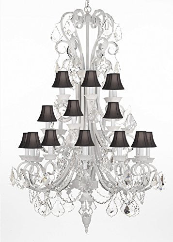 Large Foyer / Entryway White Wrought Iron Chandelier Lighting 50" Inches Tall With Crystal And Black Shades - J10-B12/BLACKSHADES/WHITE/26015/24