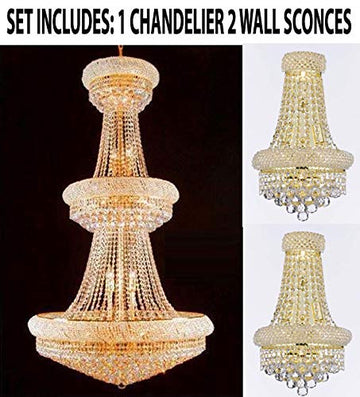 Set of 3-1 French Empire Crystal Chandelier Chandeliers H66" x W36" - Perfect for an Entryway or Foyer! and 2 Empire Empress Crystal(Tm) Wall Sconce Lighting W 12" H 17" - A500-1EA 541/32 + 2EA C121-1800W12SG