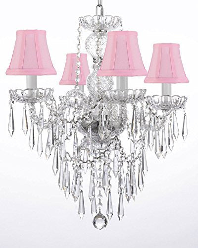New Authentic All Crystal Chandelier Lighting W/ Crystal Icicles And - With Shades H22" X W17" - J10-Pinkshades/B27/3/26098/4