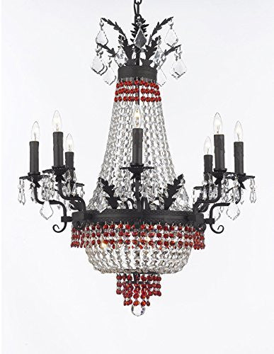 French Empire Crystal Chandelier Chandeliers Lighting 25X32 12 Lights With Dark Antique Finish And Red Crystal Beads - F93-B88/B74/1284/8+4