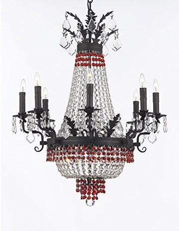 French Empire Crystal Chandelier Chandeliers Lighting 25X32 12 Lights With Dark Antique Finish And Red Crystal Beads - F93-B88/B74/1284/8+4
