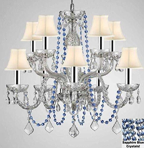 AUTHENTIC ALL CRYSTAL CHANDELIER CHANDELIERS LIGHTING WITH SAPPHIRE BLUE CRYSTALS AND WHITE SHADES! PERFECT FOR LIVING ROOM, DINING ROOM, KITCHEN, KIDS BEDROOM W/CHROME SLEEVES! H25" W24" - G46-B43/B82/CS/WHITESHADES/1122/5+5