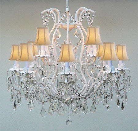 Swarovski Crystal Trimmed Chandelier White Wrought Iron Crystal Chandelier Lighting With White Shades H30" X W28" - J10-WHITESHADES/WHITE/26014/12 SW
