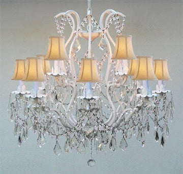 Swarovski Crystal Trimmed Chandelier White Wrought Iron Crystal Chandelier Lighting With White Shades H30" X W28" - J10-WHITESHADES/WHITE/26014/12 SW
