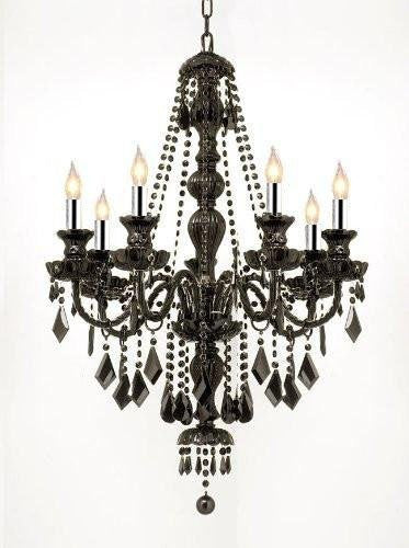 New! Jet Black Gothic Crystal Chandelier Lighting W/Chrome Sleeves! H37 x W26! - J10-B43/BLACK/SM/26073/7