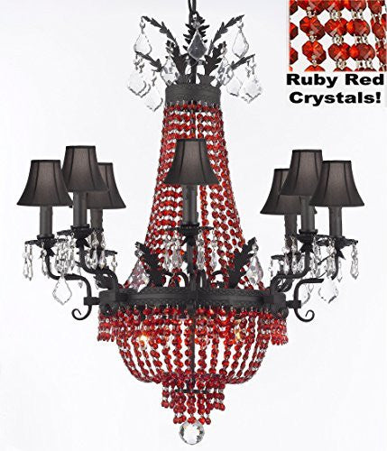 Moroccan Style French Empire Crystal Chandeliers H32" W25" - Dressed With Ruby Red Crystals And Black Shades Perfect For Dining Room / Entryway / Foyer / Living Room With Dark Antique Finish - A500-B81/B88/Blackshade/1280/8+4