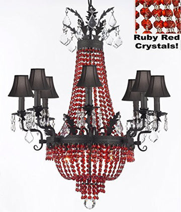 Moroccan Style French Empire Crystal Chandeliers H32" W25" - Dressed With Ruby Red Crystals And Black Shades Perfect For Dining Room / Entryway / Foyer / Living Room With Dark Antique Finish - A500-B81/B88/Blackshade/1280/8+4