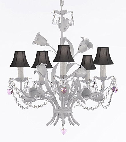 White Wrought Iron Floral Chandelier Empress Crystal (Tm) Flower Chandeliers Lighting H23" X W19" With Black Shades - J10-Sc/Blackshade/B21/B52/White/325/5