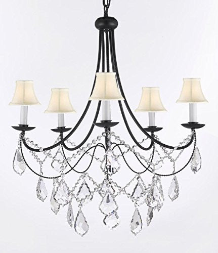 Empress Crystal (Tm) Wrought Iron Chandelier Lighting H.22.5" X W.26" With Shades - J10-Sc/Whiteshades/B12/26031/5