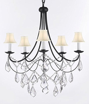Empress Crystal (Tm) Wrought Iron Chandelier Lighting H.22.5" X W.26" With Shades - J10-Sc/Whiteshades/B12/26031/5