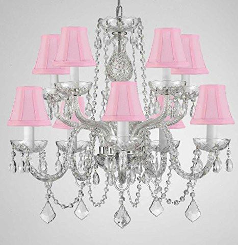 Empress Crystal (Tm) Chandelier Lighting With Pink Shades H 25" X W 24" Swag Plug In-Chandelier W/ 14' Feet Of Hanging Chain And Wire - G46-B15/Pinkshades/Cs/1122/5+5