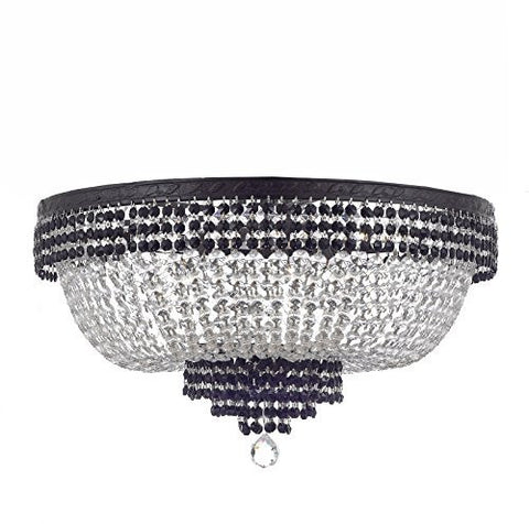 French Empire Crystal Flush Chandelier Chandeliers Lighting Trimmed With Jet Black Crystal With Dark Antique Finish H18" X W24" Good For Dining Room Foyer Entryway Family Room And More - A500-B87/Cb/Flush/870/9