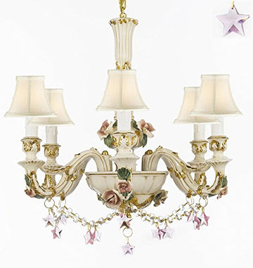 Authentic Capodimonte Porcelain Chandelier Lighting Chandeliers Made in Italy, 24K Gold Trimmed w/ Roses & Flowers Dressed w/ Pink Stars Crystals With White Shades - GB102-SC/WHITESHADES/B52/B38/435/6
