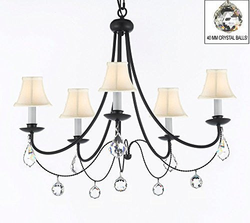 Empress Crystal (Tm) Wrought Iron Chandelier Lighting H.22.5" X W.26" With White Shades And Crystal Balls - J10-Sc/Whiteshades/B7/B6/26031/5
