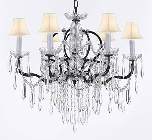 Nineteenth C. Baroque Iron & Crystal Chandelier Lighting With White Shades H 25" X W 26" - G83-Whiteshades/B27/994/6