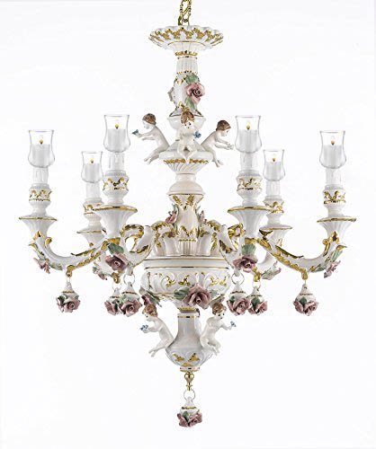 Authentic Capodimonte Porcelain Chandelier Lighting Chandeliers W/ Candle Votives Made in Italy Trimmed w/ Roses & Flowers - For Indoor / Outdoor Use Great for Outdoor Events - GB102-B31/119/6
