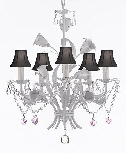White Wrought Iron Floral Chandelier Empress Crystal (Tm) Flower Chandeliers Lighting H23" X W19" With Black Shades - J10-Sc/Blackshades/B23/B52/White/325/5