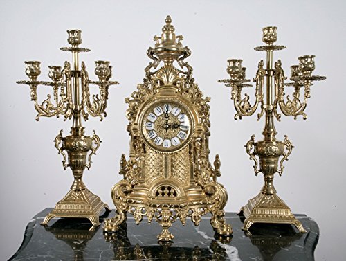 Solid Brass Baroque Mantel Clock & Candelabra Set Made in Italy - B101-421/BRASS