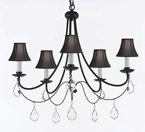 Empress Crystal (Tm) Wrought Iron Chandelier Lighting H.22.5" X W.26" With Black Shades Swag Plug In-Chandelier W/ 14' Feet Of Hanging Chain And Wire - J10-B16/Sc/Blackshades/B7/26031/5
