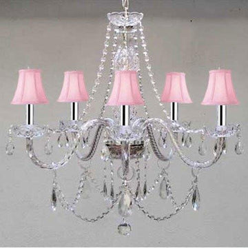 New! MURANO VENETIAL STYLE AUTHENTIC ALL CRYSTAL CHANDELIER LIGHTING WITH PINK SHADES W/CHROME SLEEVES! W24" X H25" - A46-B43/PINKSHADES/380/5